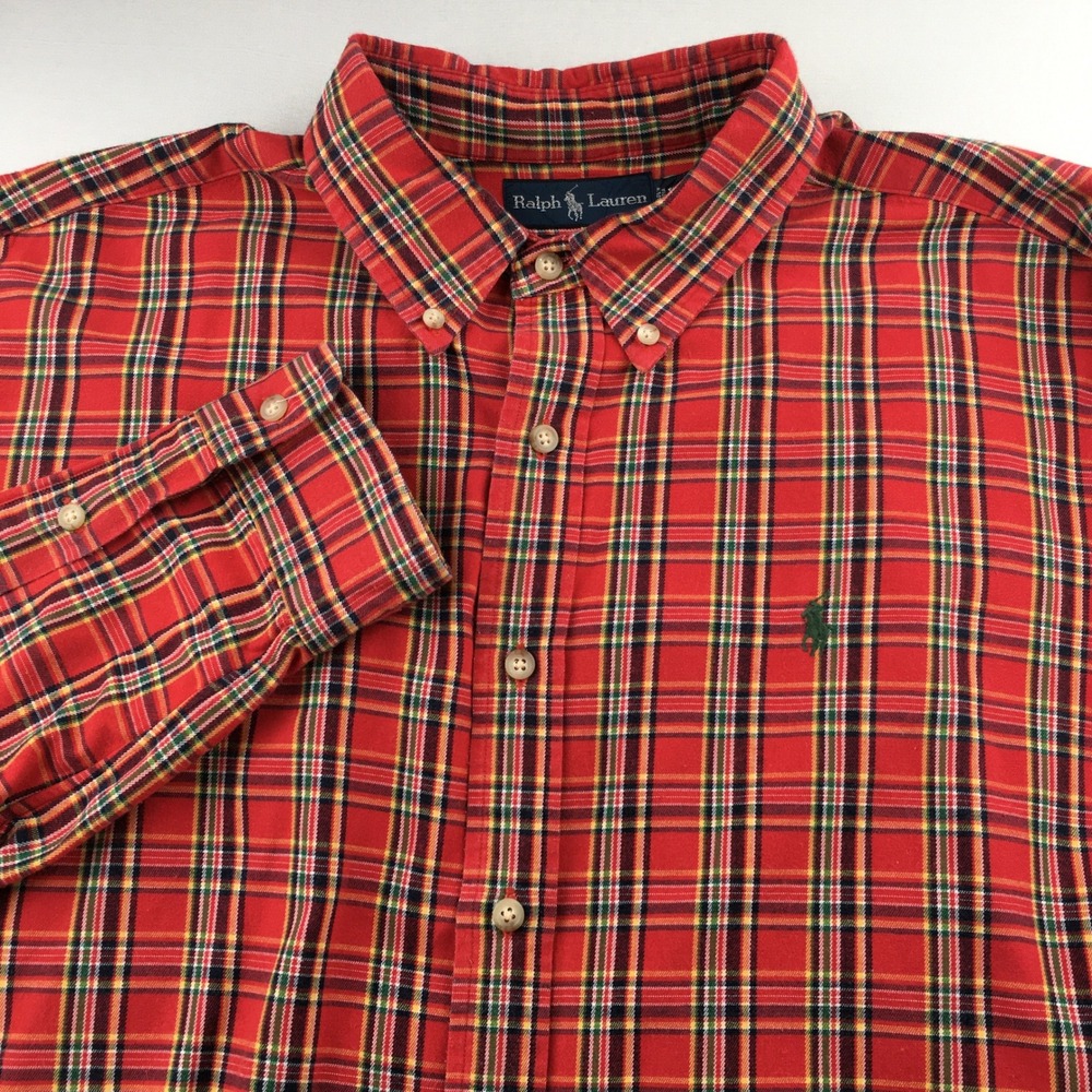 Ralph Lauren Button Down Men XL Red Plaid Classic Fit Long Sleeve Cotton Pony